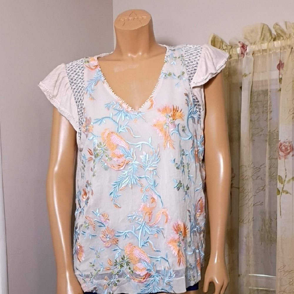 Tiny Embroidered Floral‎ Women's Blouse Size XL